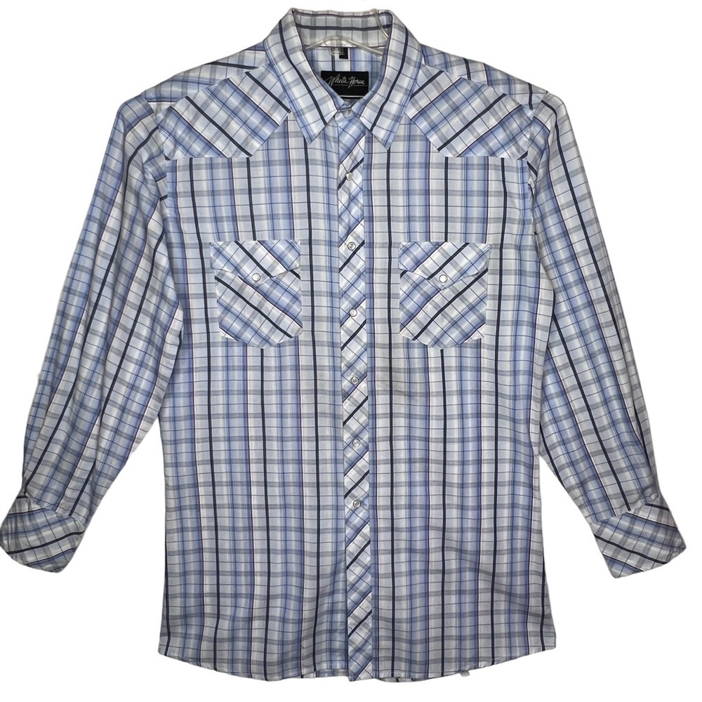 White Horse Mens Blue Plaid Western Pearl Snap Buttons Long Sleeve Shirt Large
